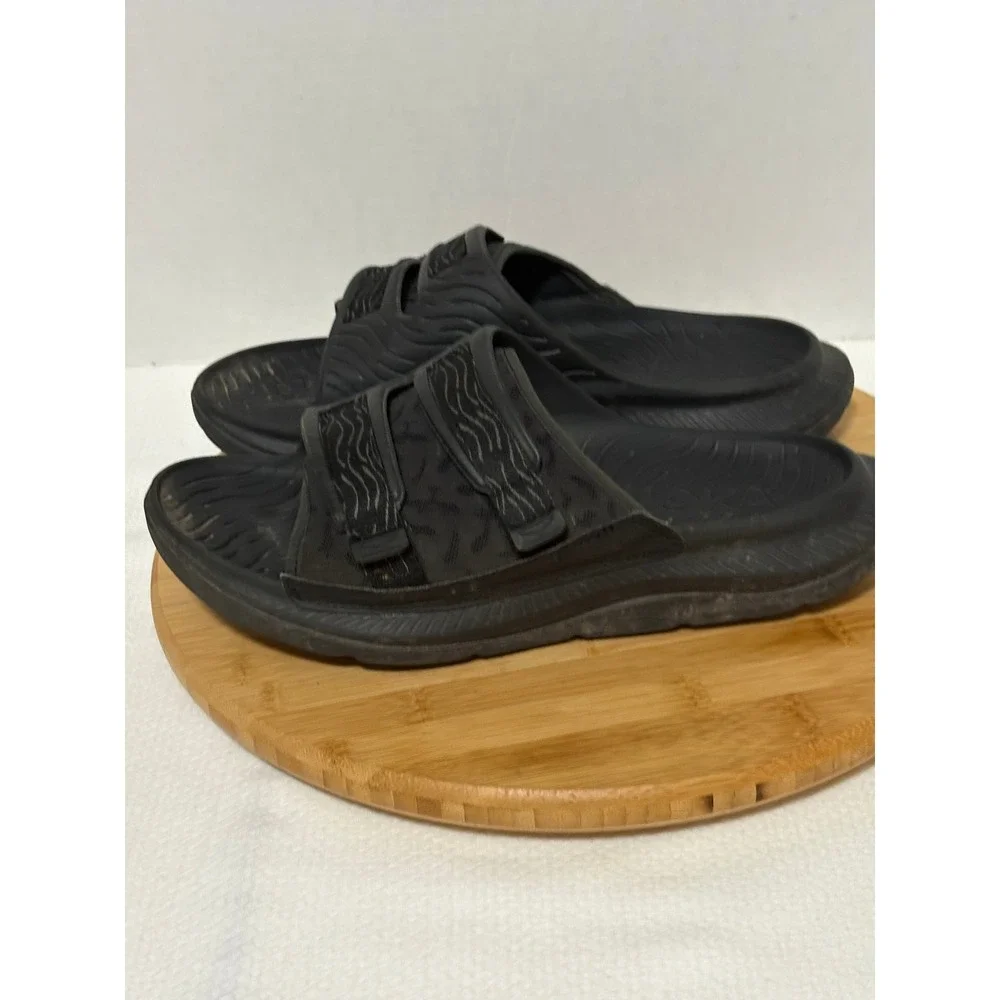 Hoka Ora Luxe Black Recovery Slides Adjustable Strap Sandals Mens 12in Insole